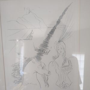 Salvador Dali Girl with Unicorn in a Landscape signed in plate backward Framed